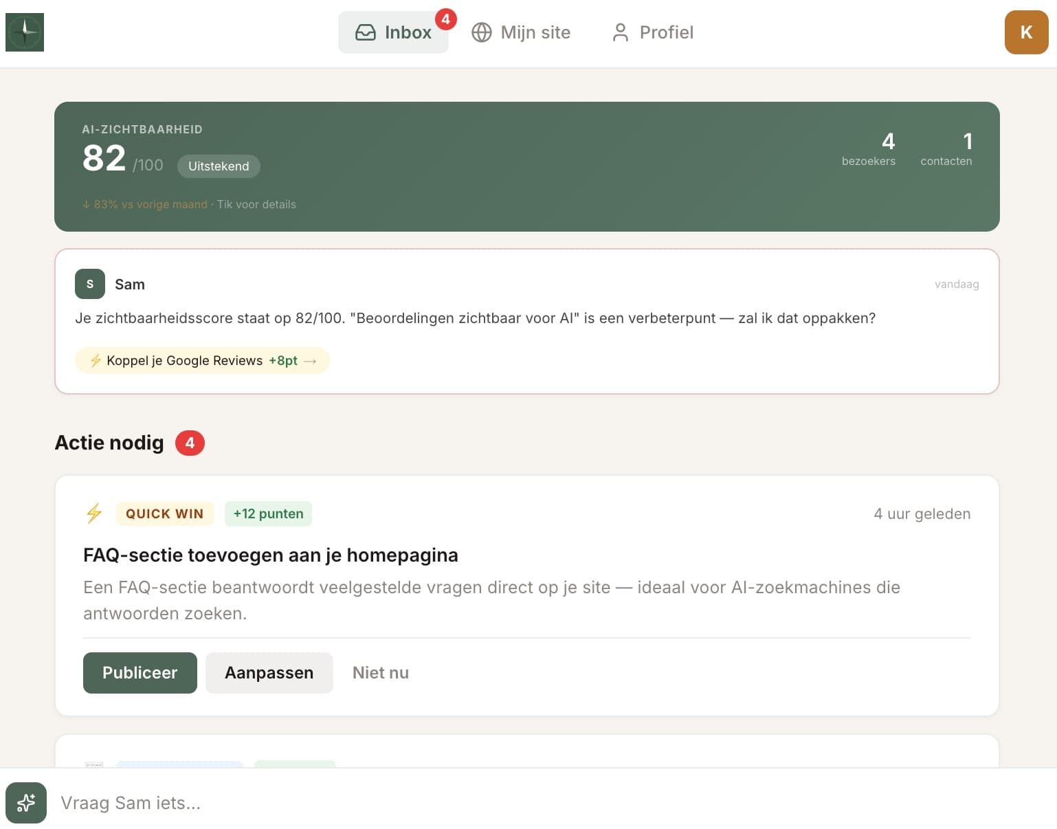 Fyndex dashboard met Sam en AI-zichtbaarheidsscore