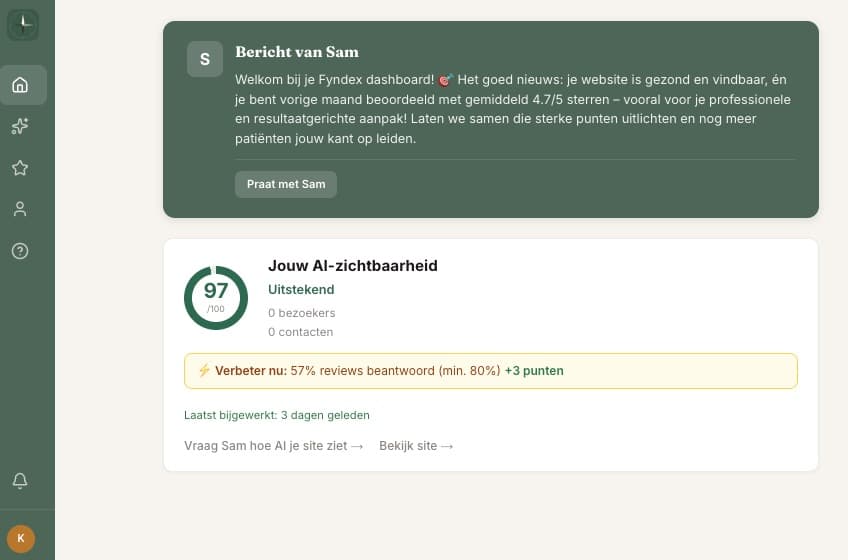 Fyndex dashboard met Sam en AI-zichtbaarheidsscore