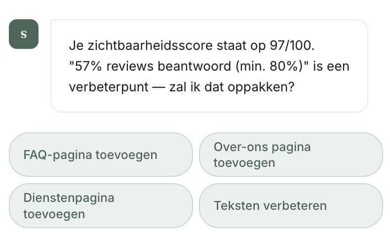 Sam, je AI-adviseur, geeft advies over je zichtbaarheidsscore en stelt verbeteringen voor