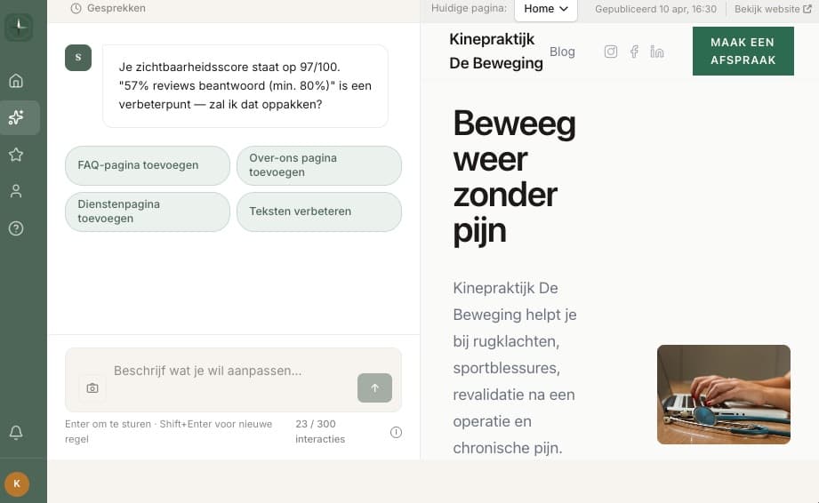 Sam AI-adviseur met live site preview